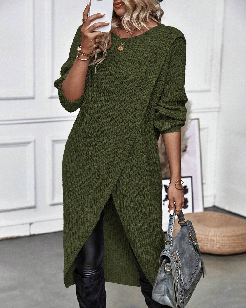 Plain Sweater Dress with Irregular Hem