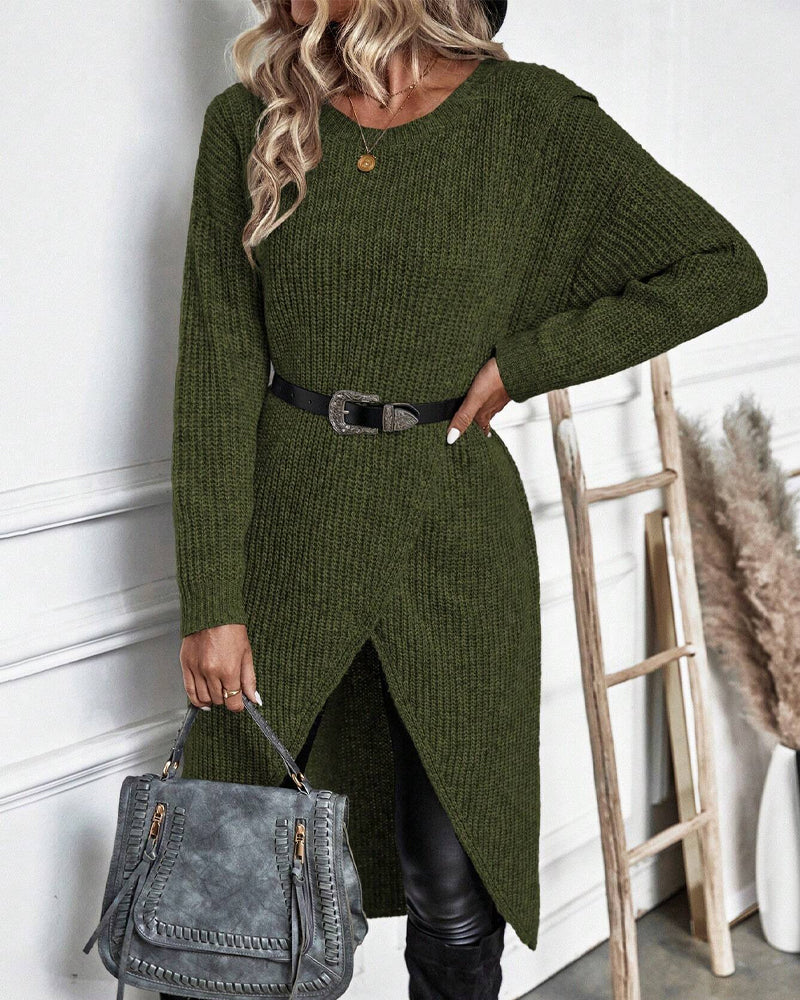 Plain Sweater Dress with Irregular Hem