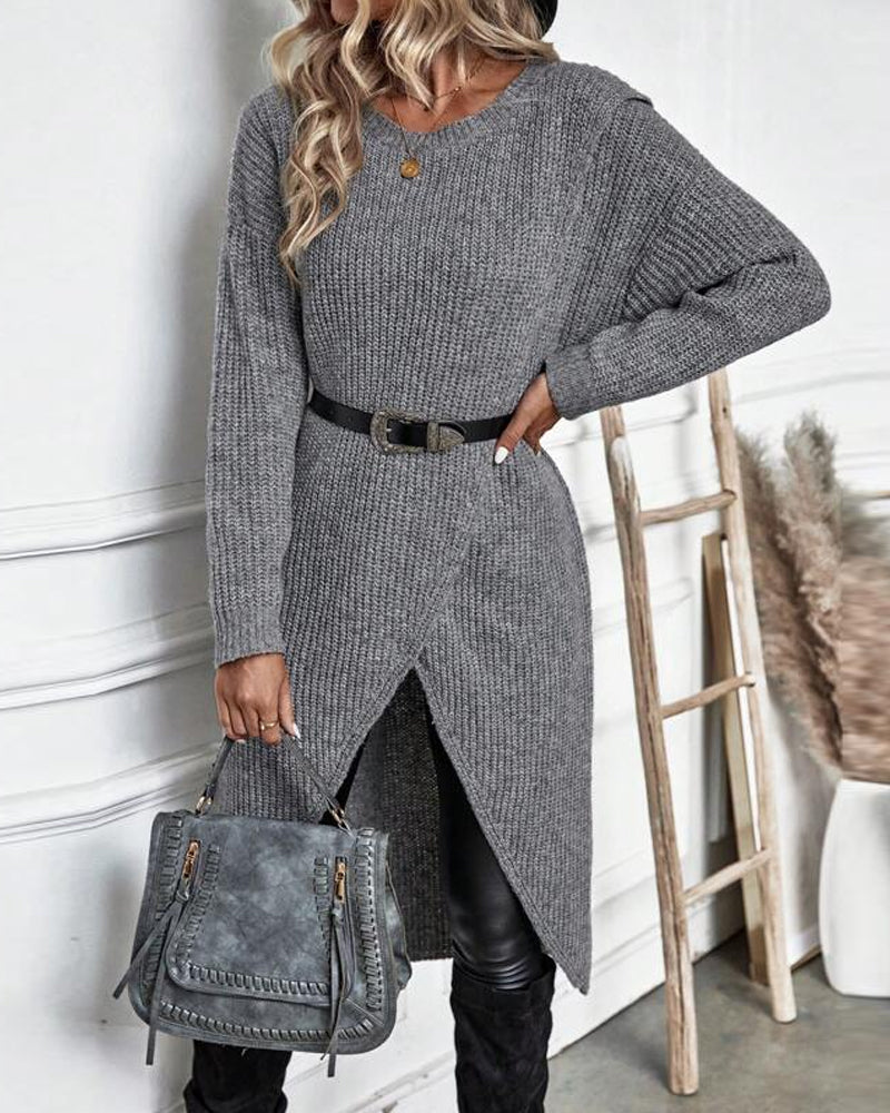 Plain Sweater Dress with Irregular Hem