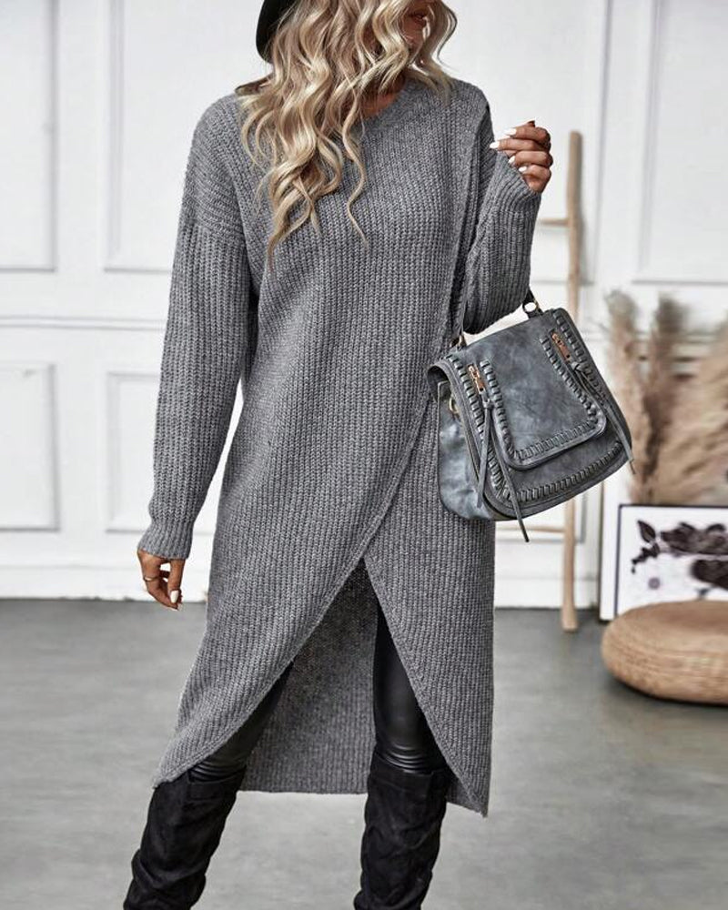 Plain Sweater Dress with Irregular Hem