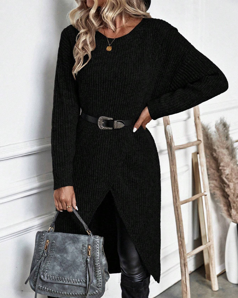 Plain Sweater Dress with Irregular Hem