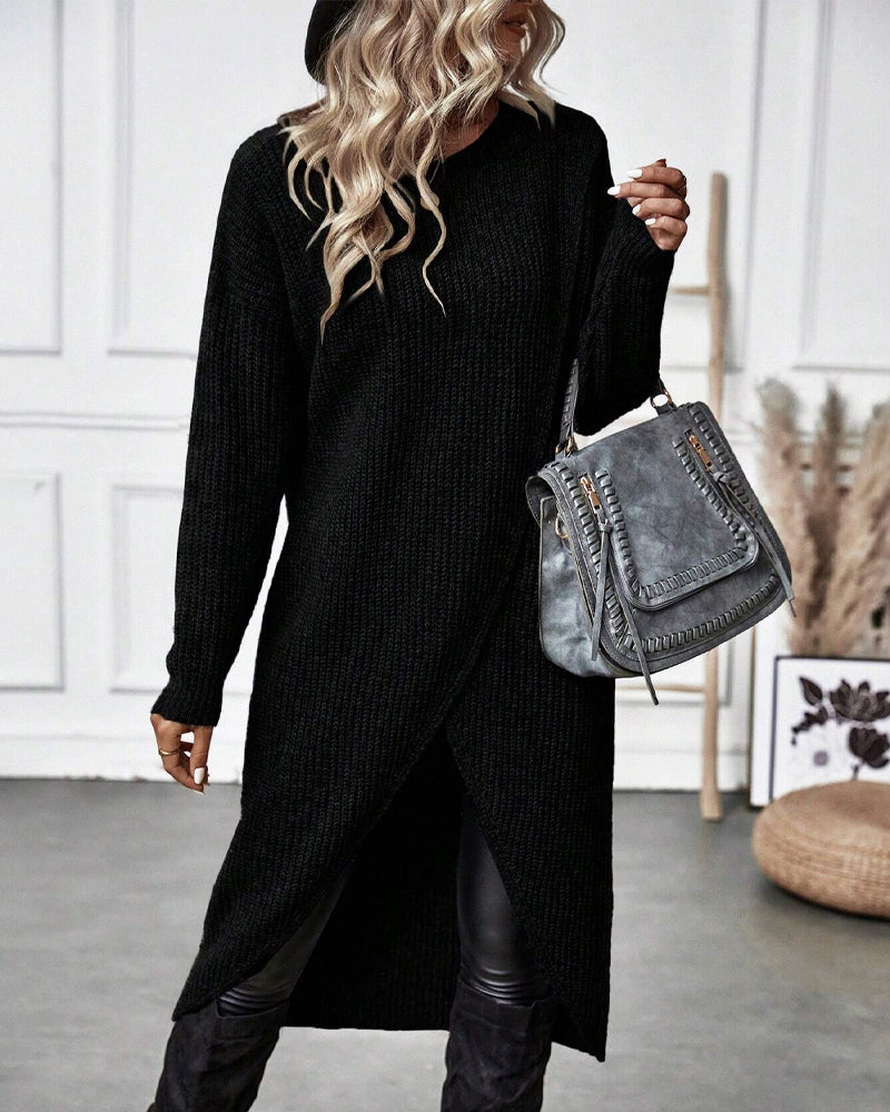 Plain Sweater Dress with Irregular Hem