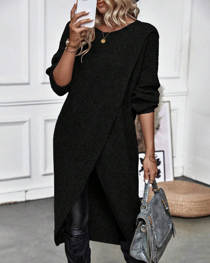 Plain Sweater Dress with Irregular Hem