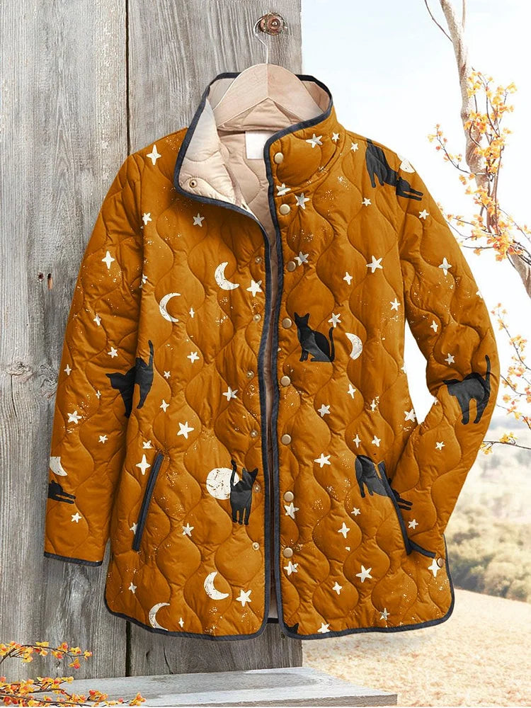 Casual Quilted Jacket with Black Cat Halloween Print