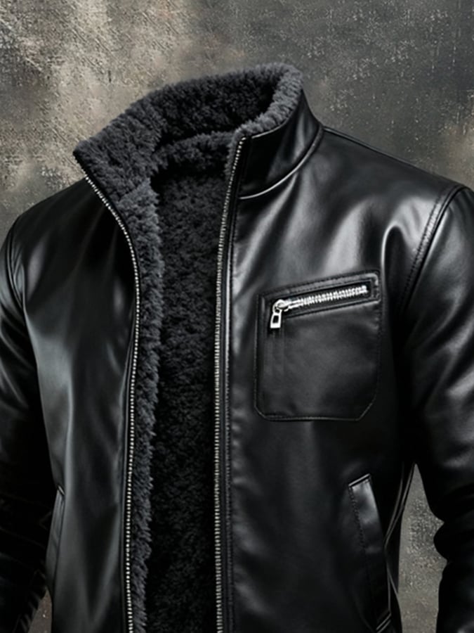 Jack™ | Warm Black Leather Jacket with Sherpa Lining