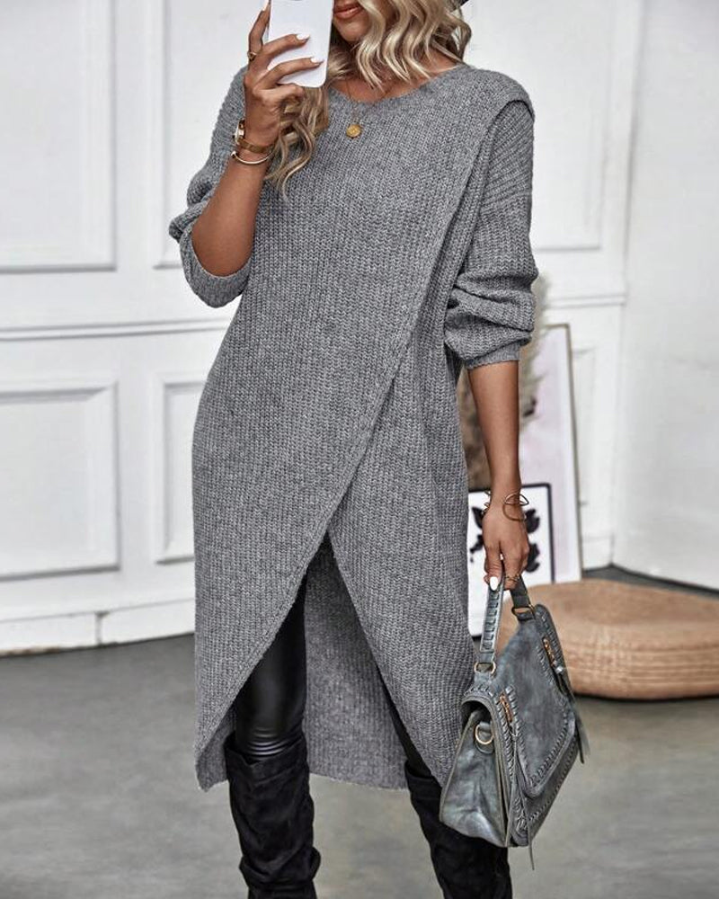 Plain Sweater Dress with Irregular Hem
