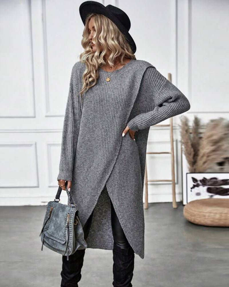 Plain Sweater Dress with Irregular Hem
