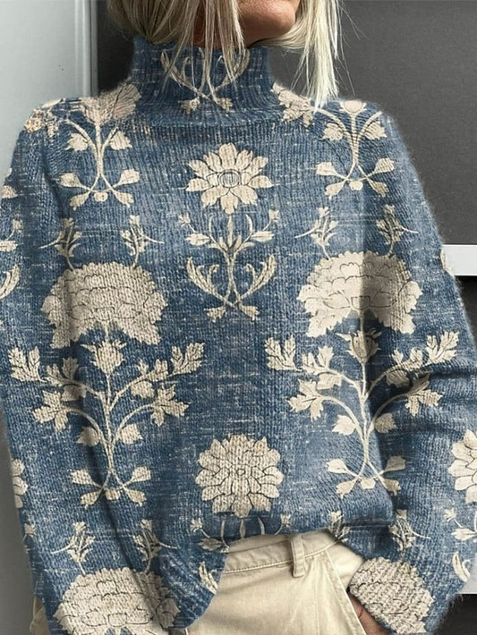 Olive | Vintage floral pattern turtleneck sweater