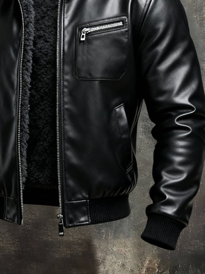 Jack™ | Warm Black Leather Jacket with Sherpa Lining