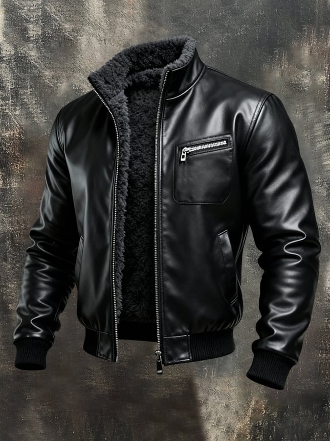 Jack™ | Warm Black Leather Jacket with Sherpa Lining