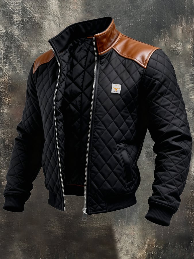 Adrian™ | Black Matelassé Jacket with Leather Shoulders