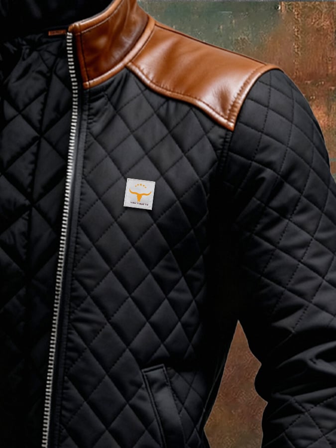 Adrian™ | Black Matelassé Jacket with Leather Shoulders